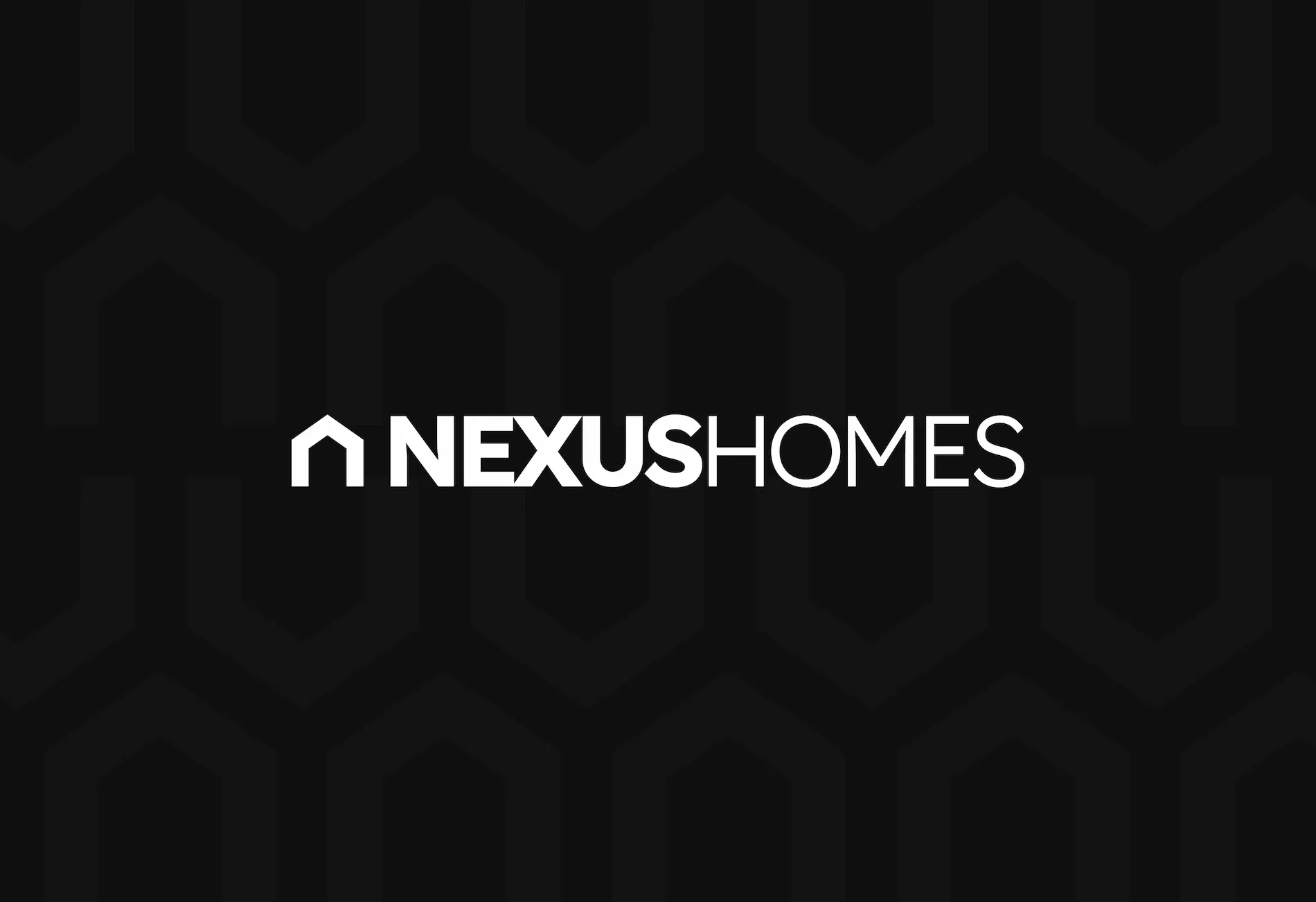 Black logo design for Nexus Homes featuring a geometric house icon and clean white text on a dark hexagonal background.