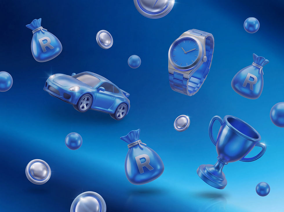 Floating blue car, watch, trophy, and reward bags
