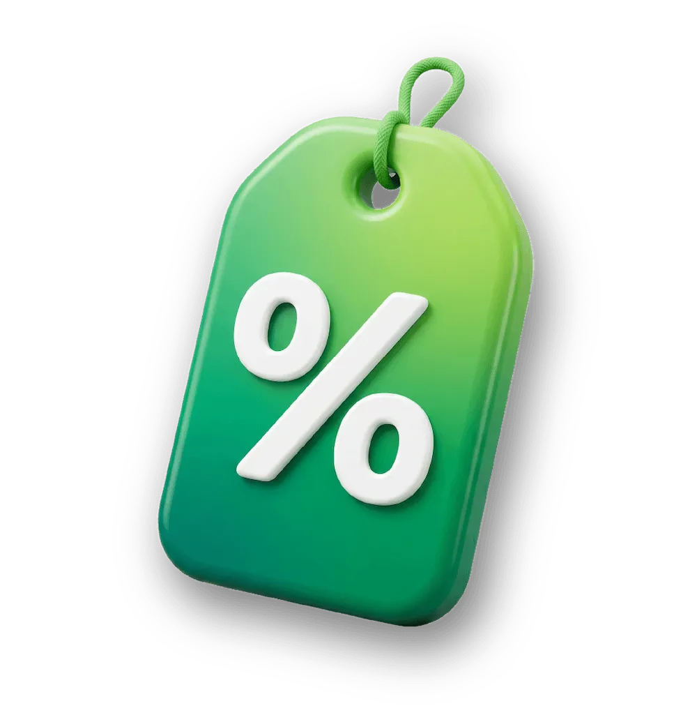 Green discount tag icon with a white percentage symbol.