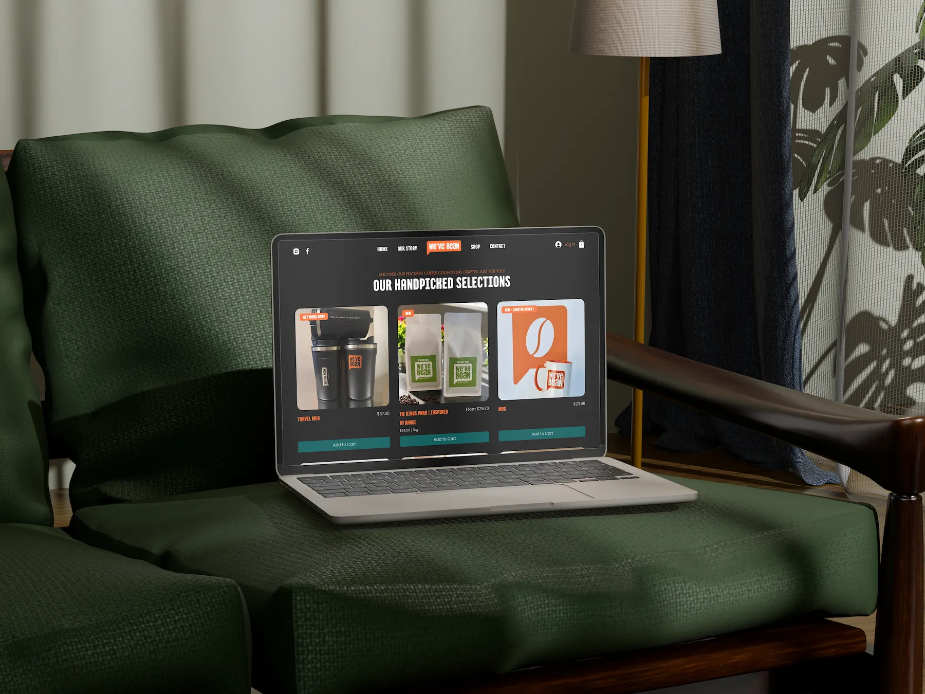 Laptop mockup showing the We’ve Bean Coffee ecommerce product page on a dark green lounge chair, featuring branded coffee products and accessories.