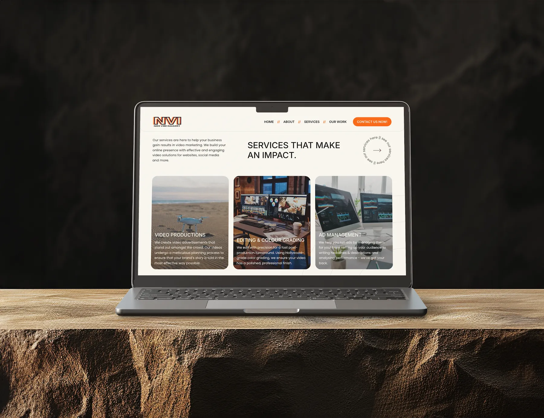 Multi-device layout showing the Nice Vibe Imagery website on a laptop, tablet and smartphone, illustrating cross-platform design.