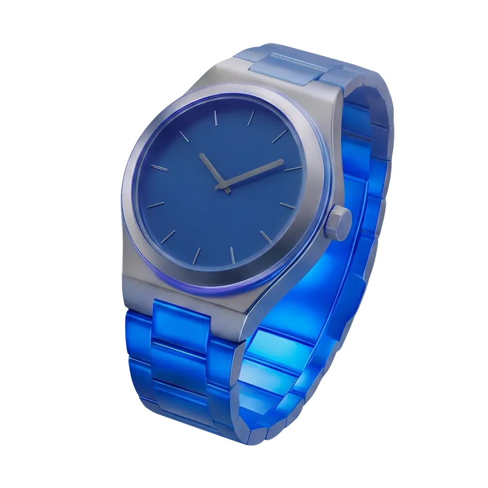 Modern blue analog wristwatch with translucent strap
