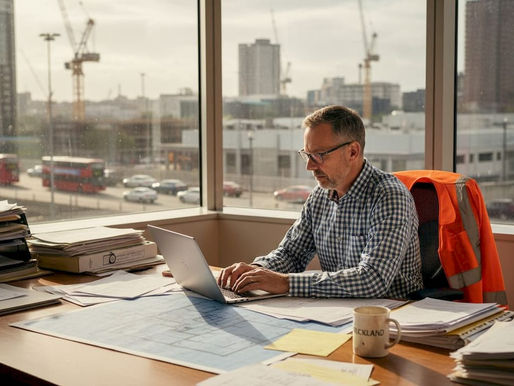 Civil engineer reviewing compliance paperwork in office