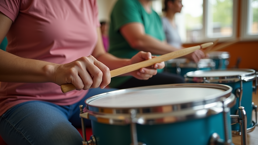 Close-up view of senior-friendly cardio drumming session with drumsticks and exercise balls