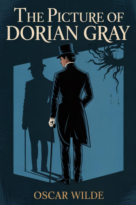 a man in black tophat and tails holding a cane starring with his shadow in front of him on a blue background.