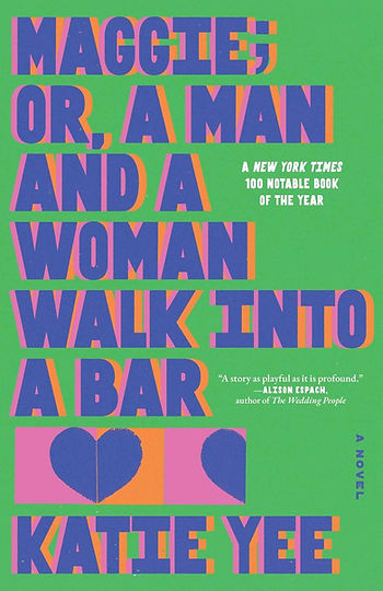 the title of the book in light purple shadowed by pink on the left and orange on the right on a green background
