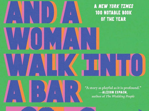 the title of the book in light purple shadowed by pink on the left and orange on the right on a green background