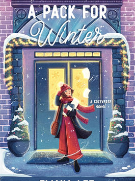 A woman in red pants, hat, and scarf and a dark jacket stands in front of a set of double doors in a brick building with plants on either side and everything covered in snow as wind blows through.