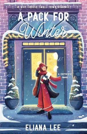 A woman in red pants, hat, and scarf and a dark jacket stands in front of a set of double doors in a brick building with plants on either side and everything covered in snow as wind blows through.