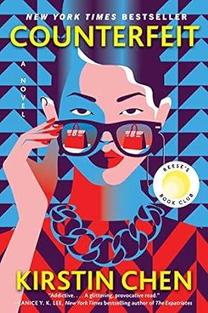 drawing of Chinese woman in red lipstick and nail polish dressed in black and red with link necklace pulls down her glasses with a red designer handbag reflected in them