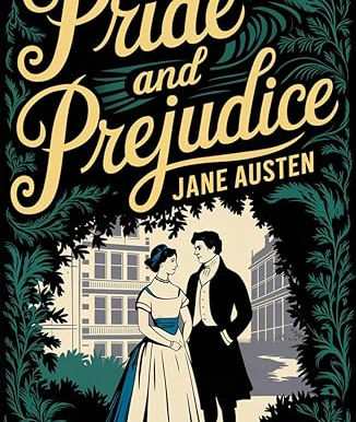 a regency era man and woman stand on a path leading from a town with tall buildings through a whole in a green hedge that takes up the remainder of the cover with the title in gold.