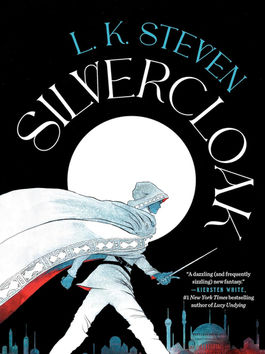 a person in all white with a white cloak walks in front of a full moon with a wand in their hand as a blue and white cityscape appears behind them.