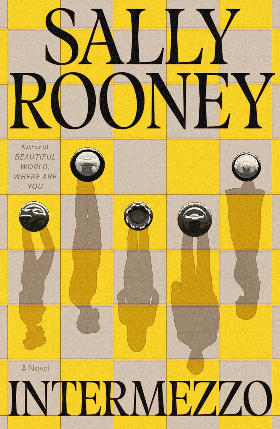 Two white chess pieces and three black chess pieces on a cream and yellow chess board and the shadows of the chess pieces are of people