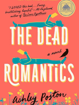 on an orange background with yellow and green wildflowers growing from the bottom, the green silhouette of a woman lays on the words “the dead” reading a yellow book while a man lays on the words “romantics” in the opposite direction also reading a yellow book with a black crow perched on his foot.