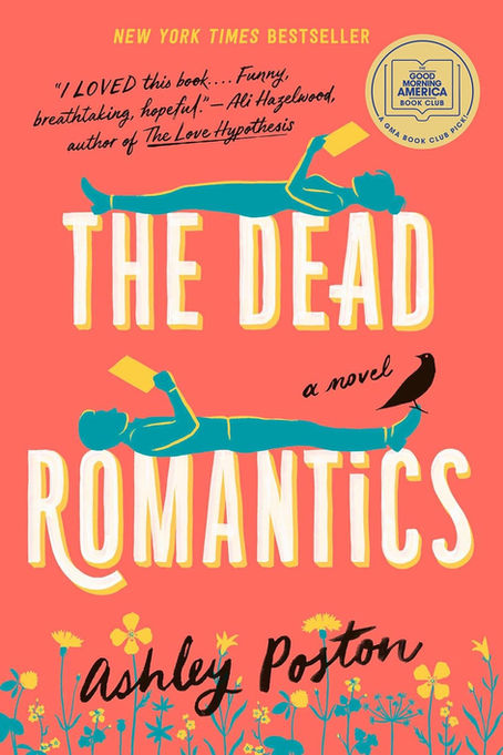on an orange background with yellow and green wildflowers growing from the bottom, the green silhouette of a woman lays on the words “the dead” reading a yellow book while a man lays on the words “romantics” in the opposite direction also reading a yellow book with a black crow perched on his foot.