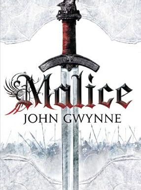 a white background with a sword with a brown leather handle and a wolf head pommel pointing downward with a hazy landscape of soldiers holding shields and spears behind it