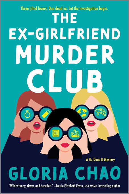 a brunette with olive skin, a fair skinned blonde, and a tan black haired woman in black shirts and red lipstick look out binoculars on a teal background with white letters