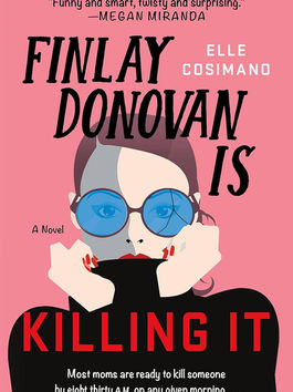 a woman with brown hair pulled back, red lipstick an d nails, wearing round glasses with a cracked lens, and a black turtleneck that she pulls up over her chin on a pink background.