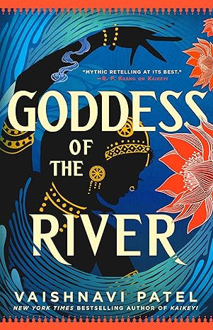 The silhouette of a woman with gold jewelry comes out of a river wave with orange flowers on the right and cream colored words