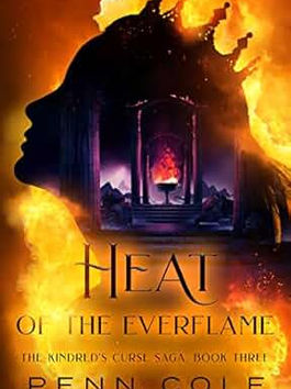 the silhouette of a woman in a crown with her hair down showing a room with pillars and a burning chalice in front of a stream of flames on a dark orange background