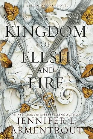 A silver dagger lays over a silver arrow with two golden rings over the end laying on top of white and gray roots with golden leaves