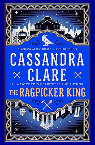 a blue cover with the black mansion and carriage in front of a white city on top with white ruins in front of black mountains on the bottom with a banner in the center with a bird on top and a crossed sceptor and cane at the botttom