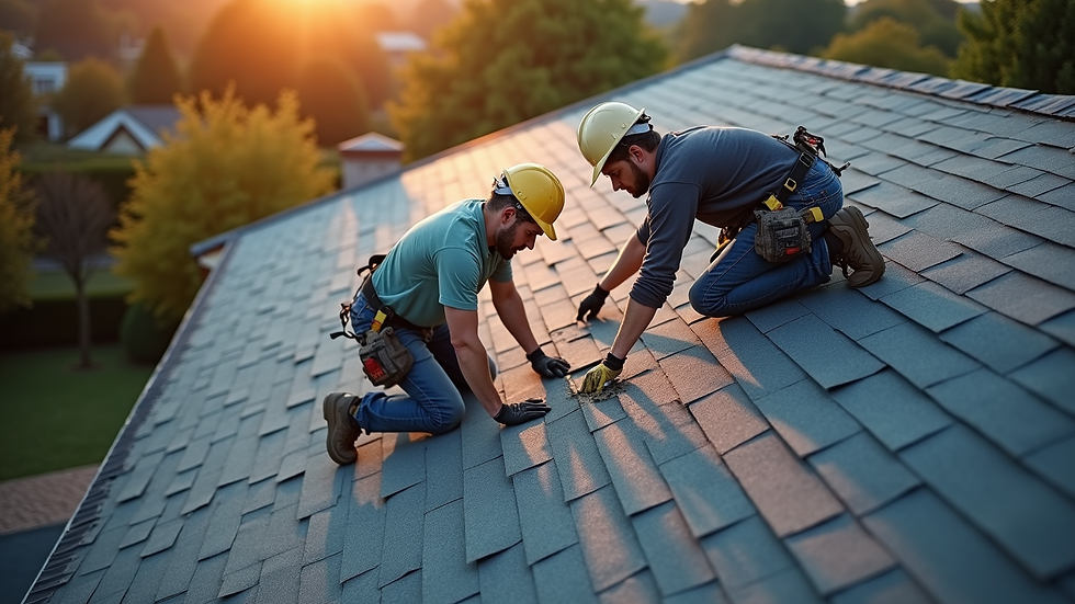 High angle view of roofing contractors installing shingles on a house