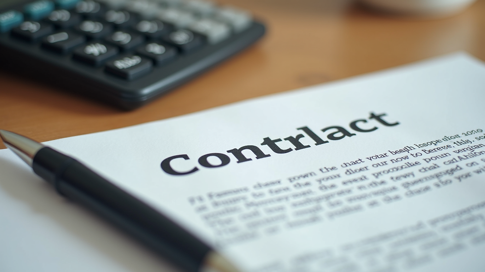 Close-up view of a calculator, contract, and pen on a wooden table