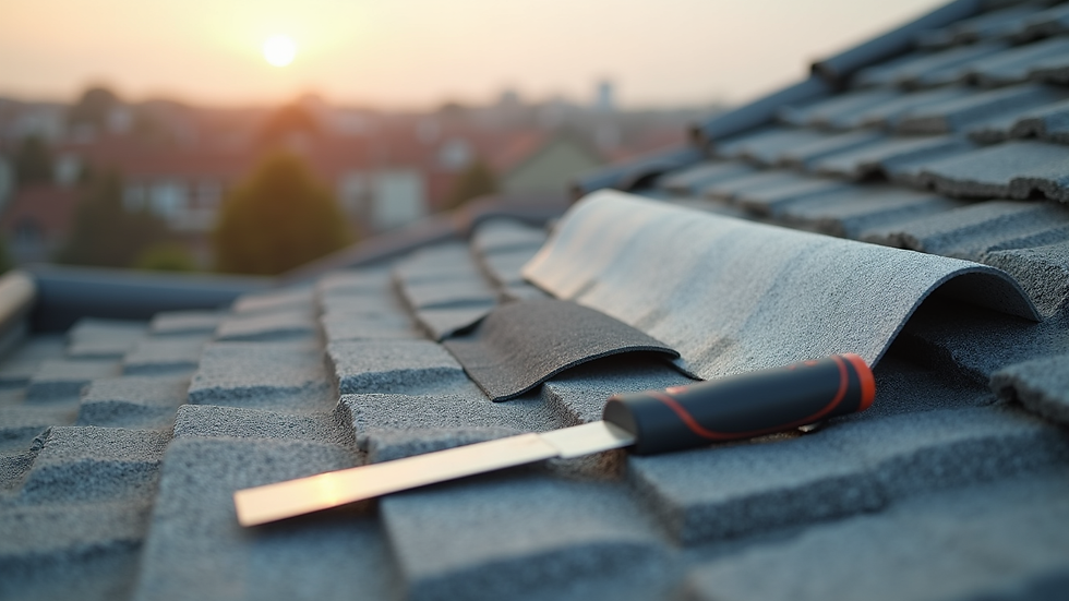 Close-up view of roofing materials and tools laid out on a roof surface