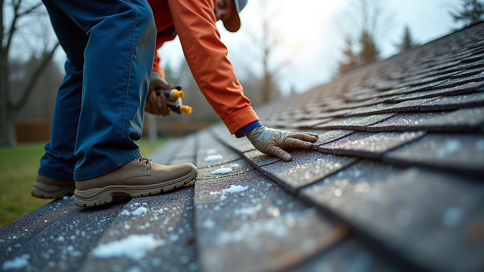 Eye-level view of roofing contractor inspecting hail damage on a roof