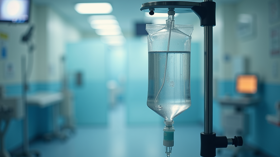 Close-up view of IV drip bag with clear fluid hanging on a medical stand