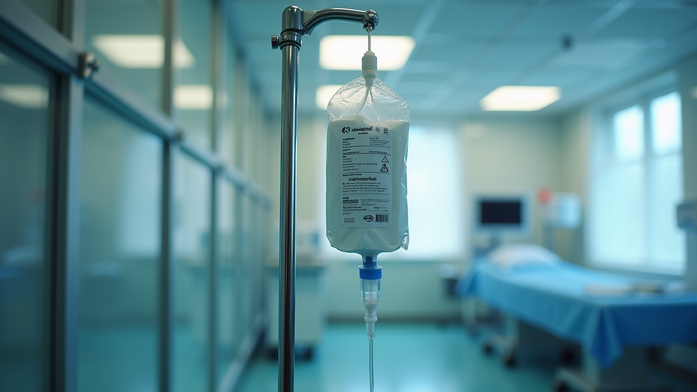 Close-up view of IV drip bag hanging on a medical stand