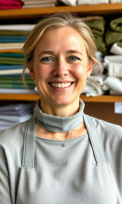 an adult female about 30 years old smiling in front of shelves of organic cotton fabrics w