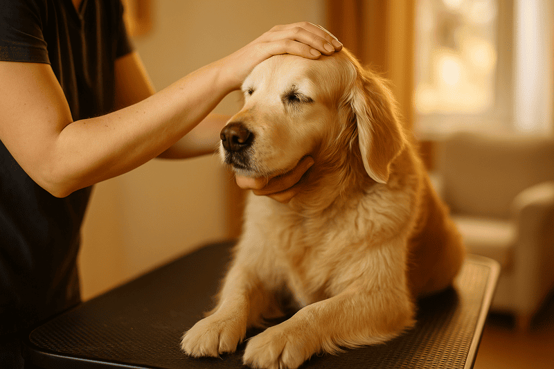 Älterer Hund wird liebevoll zu Hause gepflegt – sanfte Fellpflege beim mobilen Hundefriseur.