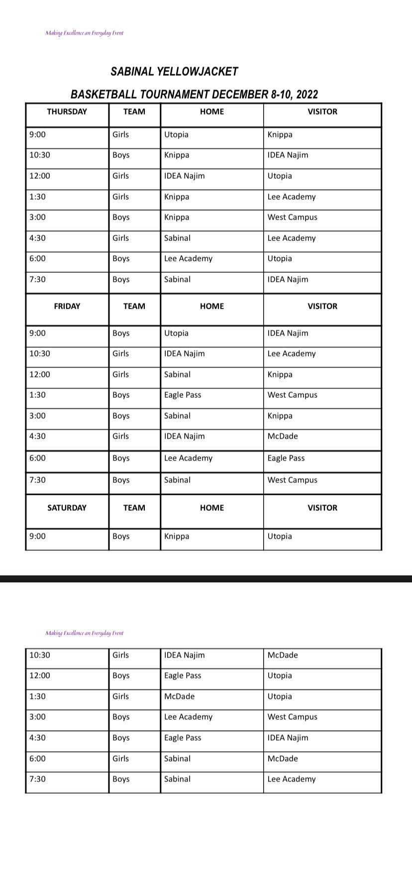Sabinal Yellowjacket Basketball Tournament Schedule December 810, 2022