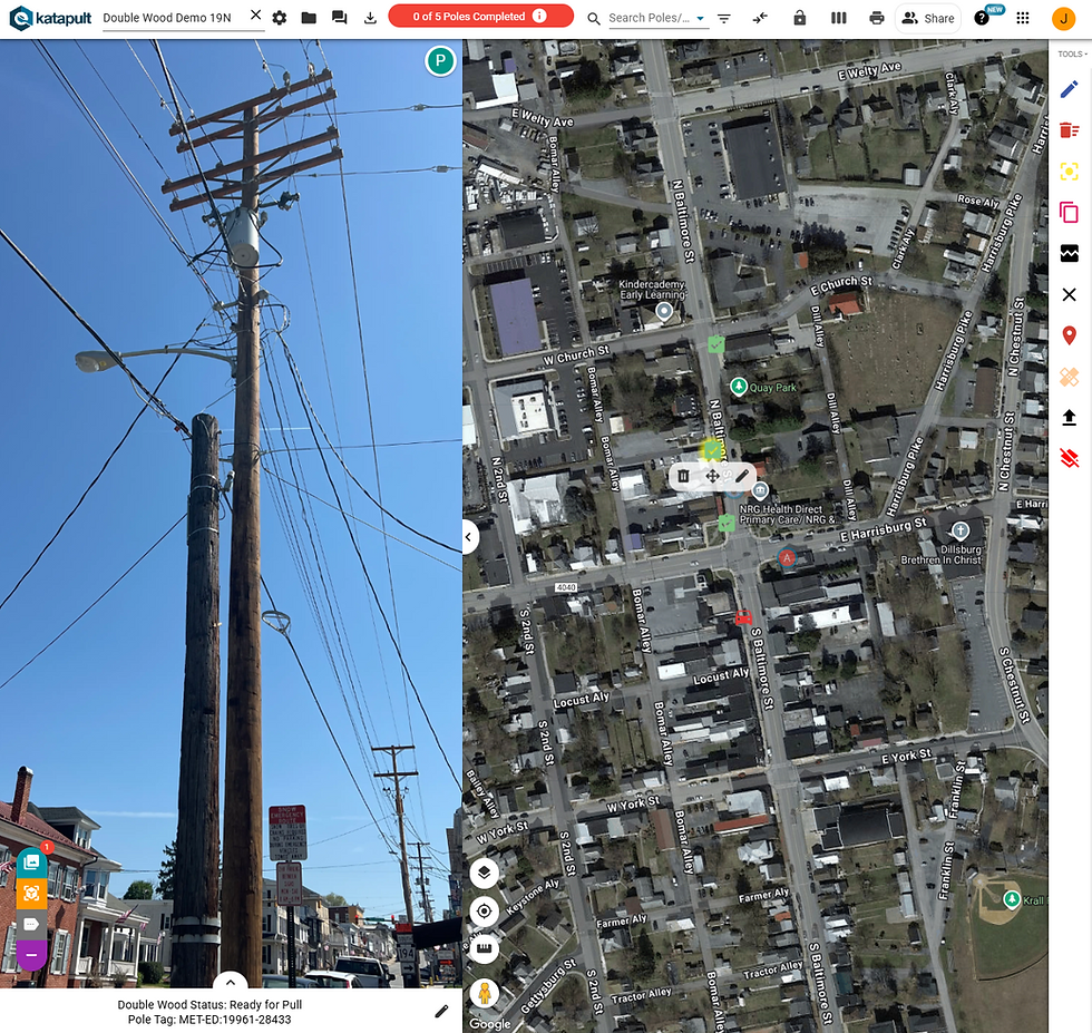Double wood pole shown on the left, with a map showing the location on the right.