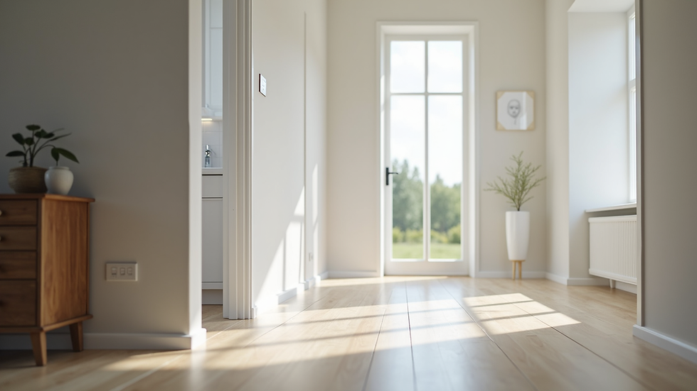 Eye-level view van een wit pvc raamkozijn in een woonhuis