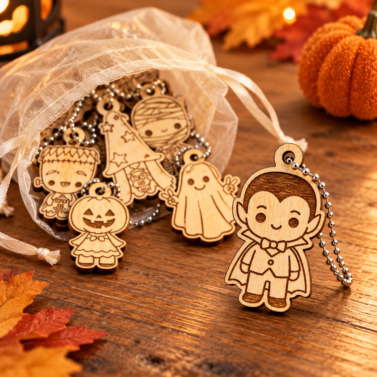 Cute wooden Halloween backpack tags with laser-engraved spooky characters