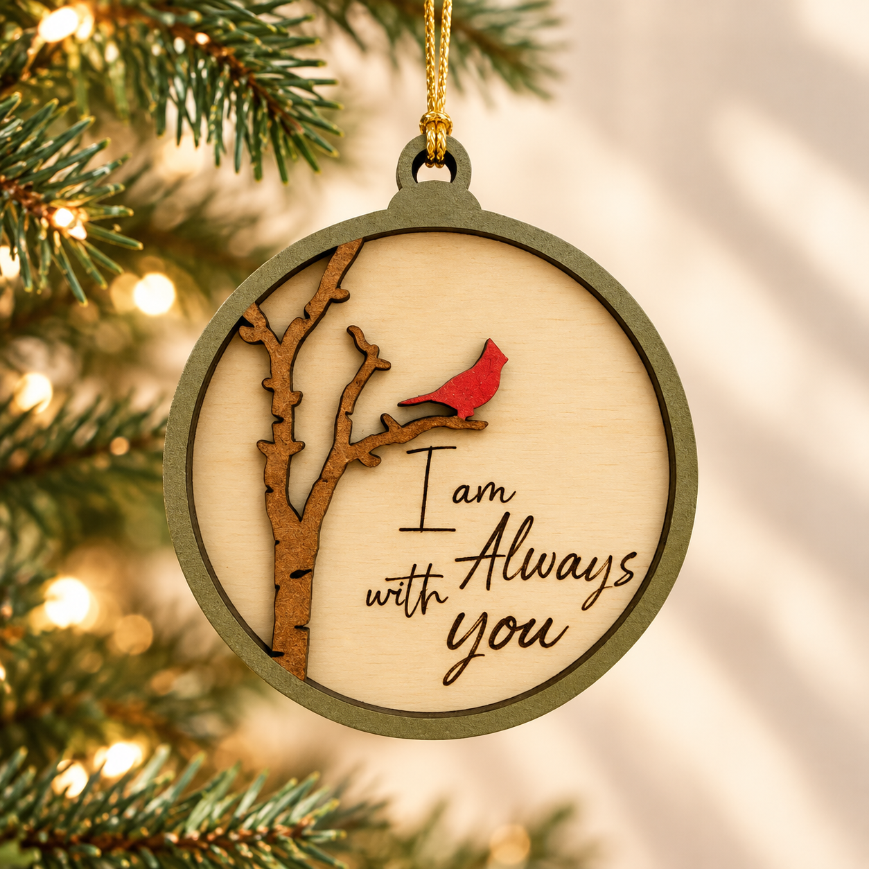 Cardinal memorial Christmas ornament with red cardinal and I Am Always With You message hanging on Christmas tree