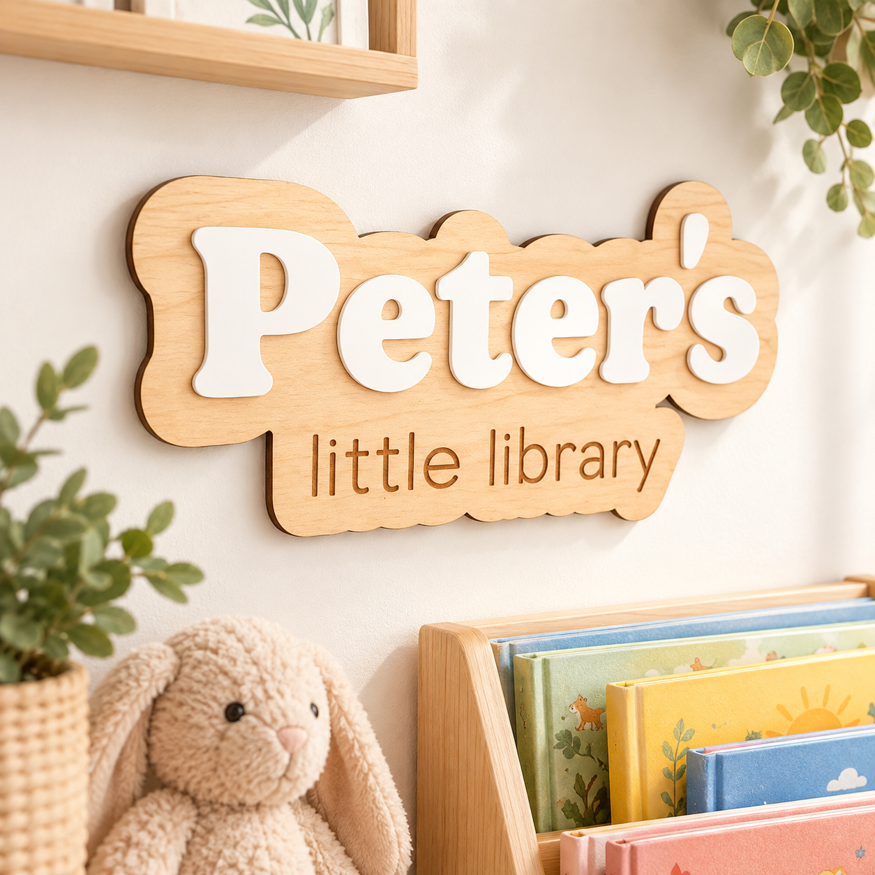 Personalized kids library sign with custom wooden name and raised white lettering