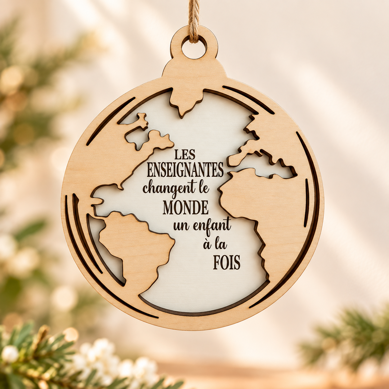 Alt text: Teacher Christmas ornament with wooden globe and French Les enseignants changent le monde quote
