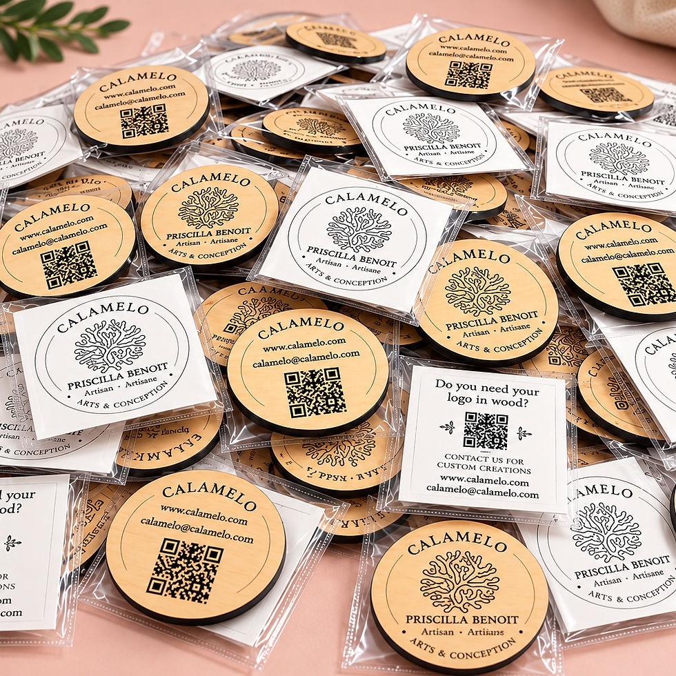 Thumbnail: Collection of personalized laser engraved wooden business logos and promotional products by Calamelo