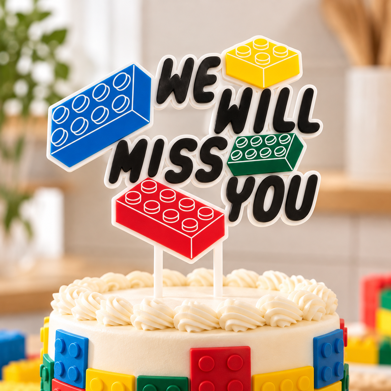 Acrylic building blocks cake topper with We Will Miss You lettering