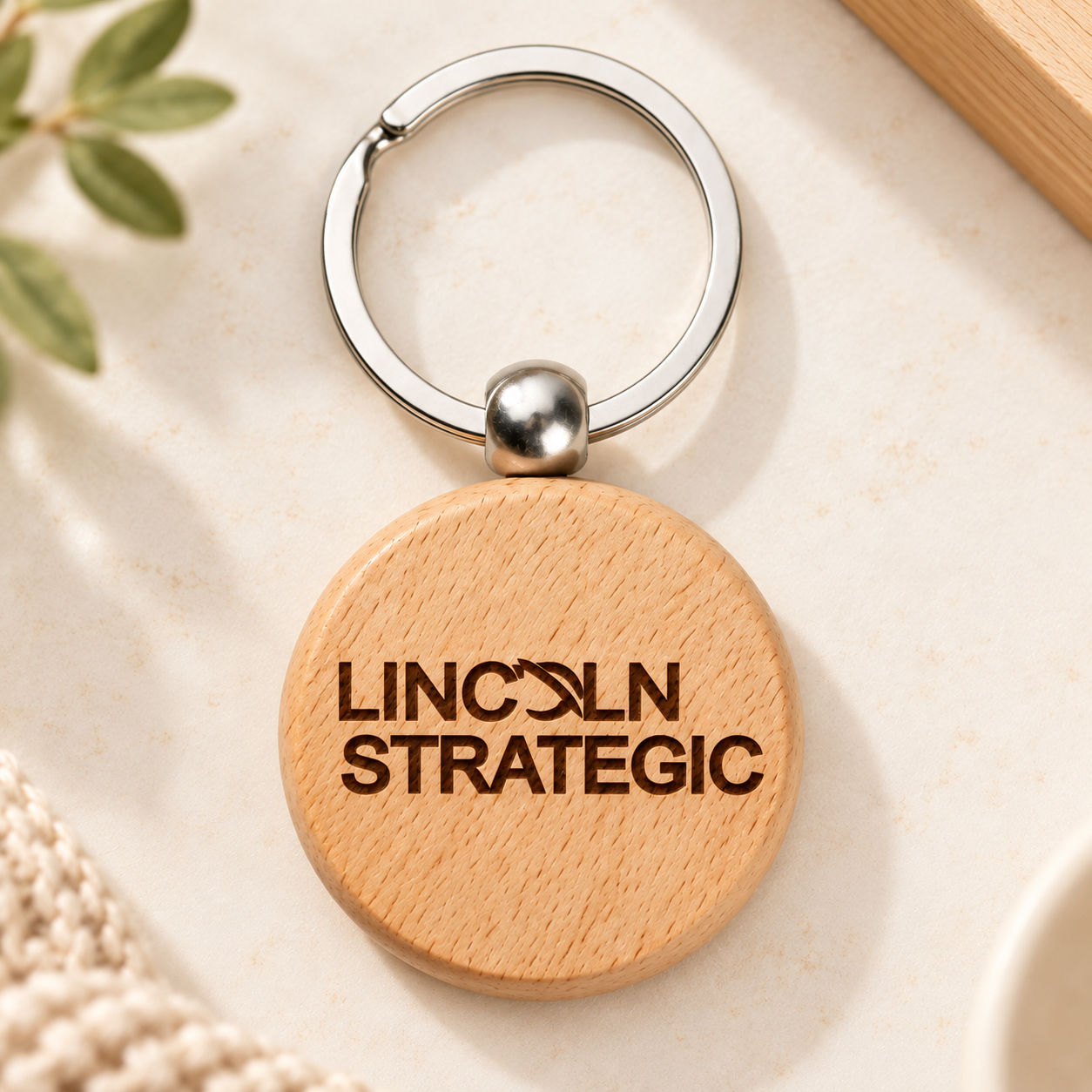 Round wooden keychain with custom laser engraved business logo and silver metal key ring