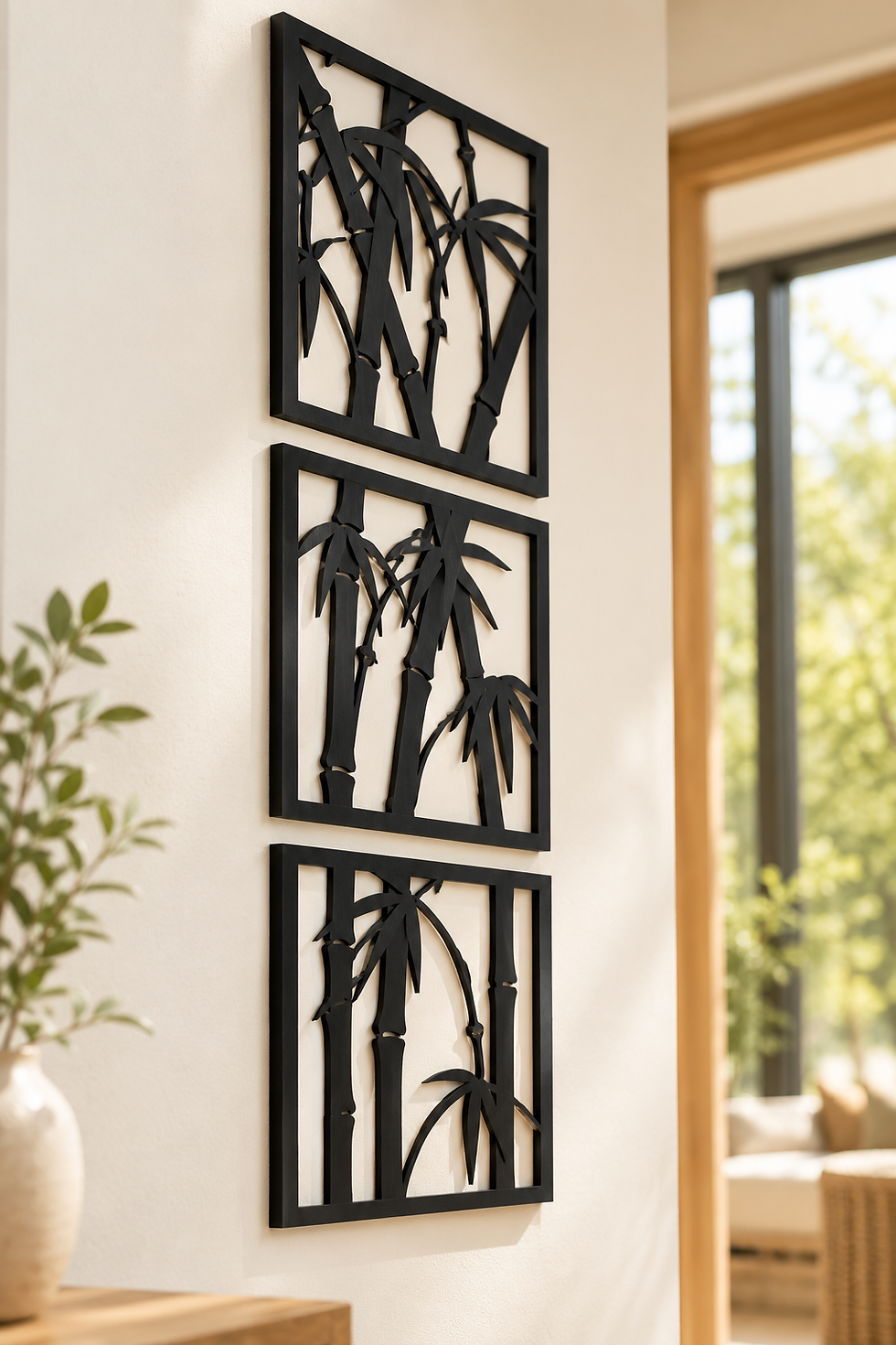 Set of 3 black bamboo wooden wall art panels displayed vertically as modern home decor