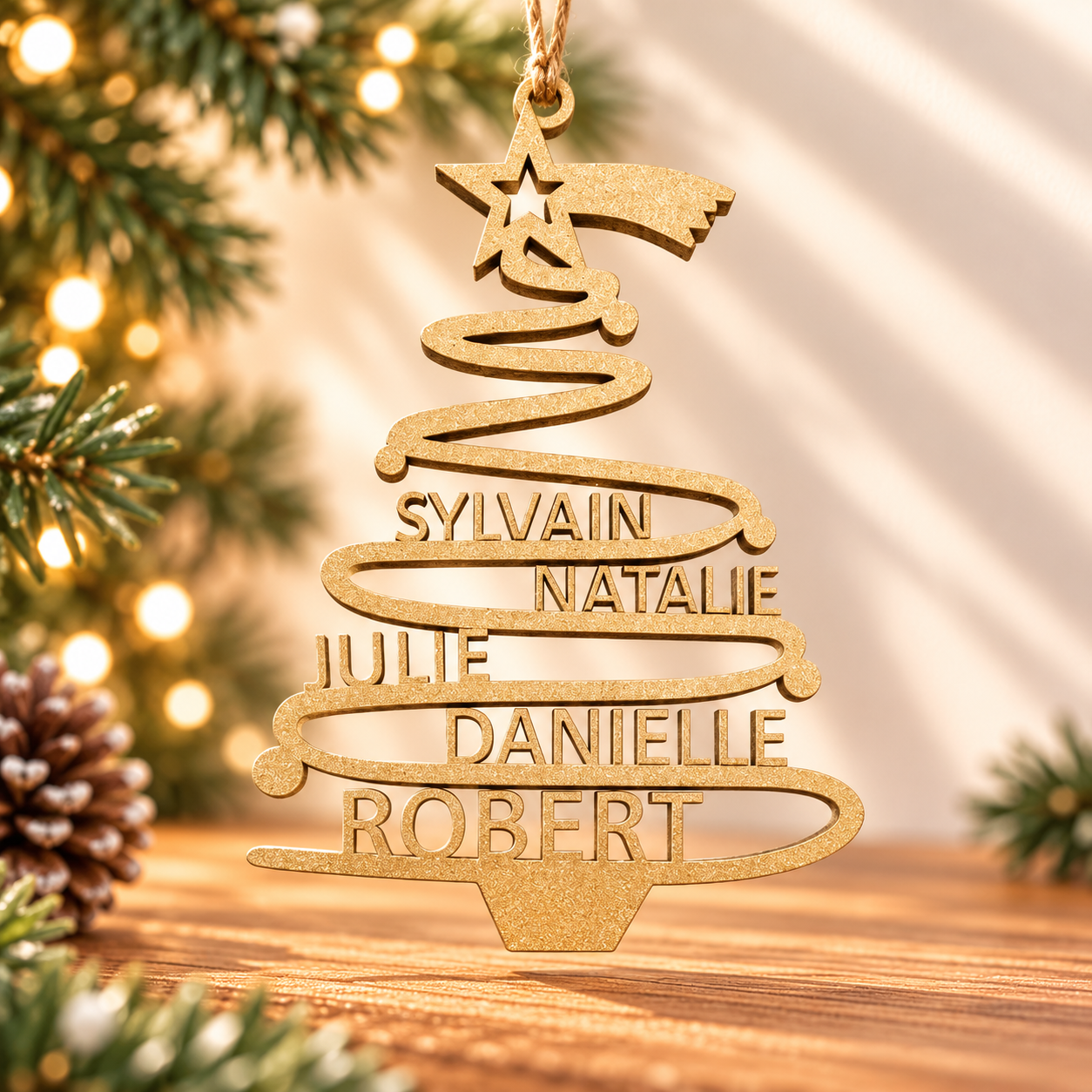 Personalized family Christmas tree ornament with custom names in gold wood
