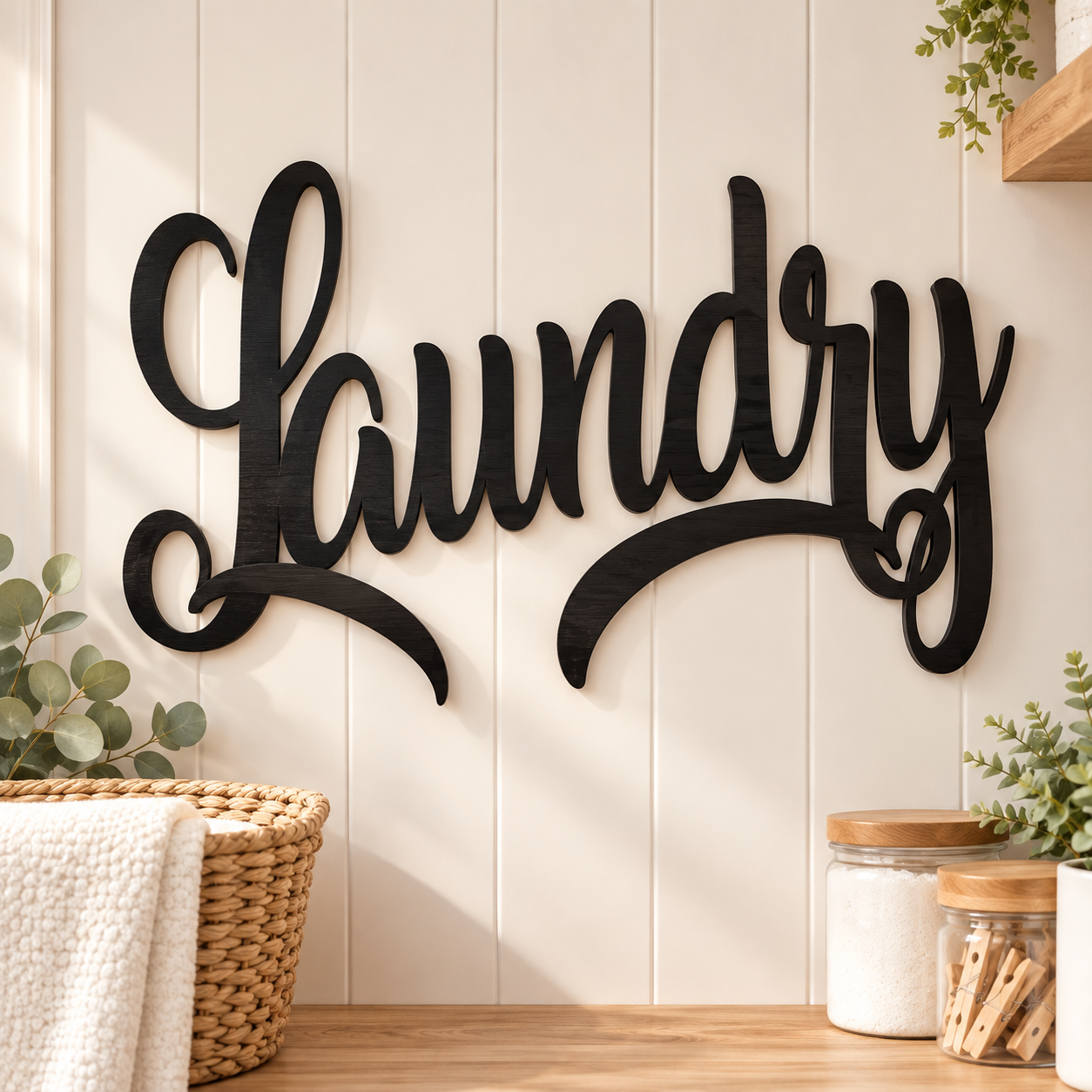 Black wooden laundry sign displayed on laundry room wall, laser cut wood wall decor