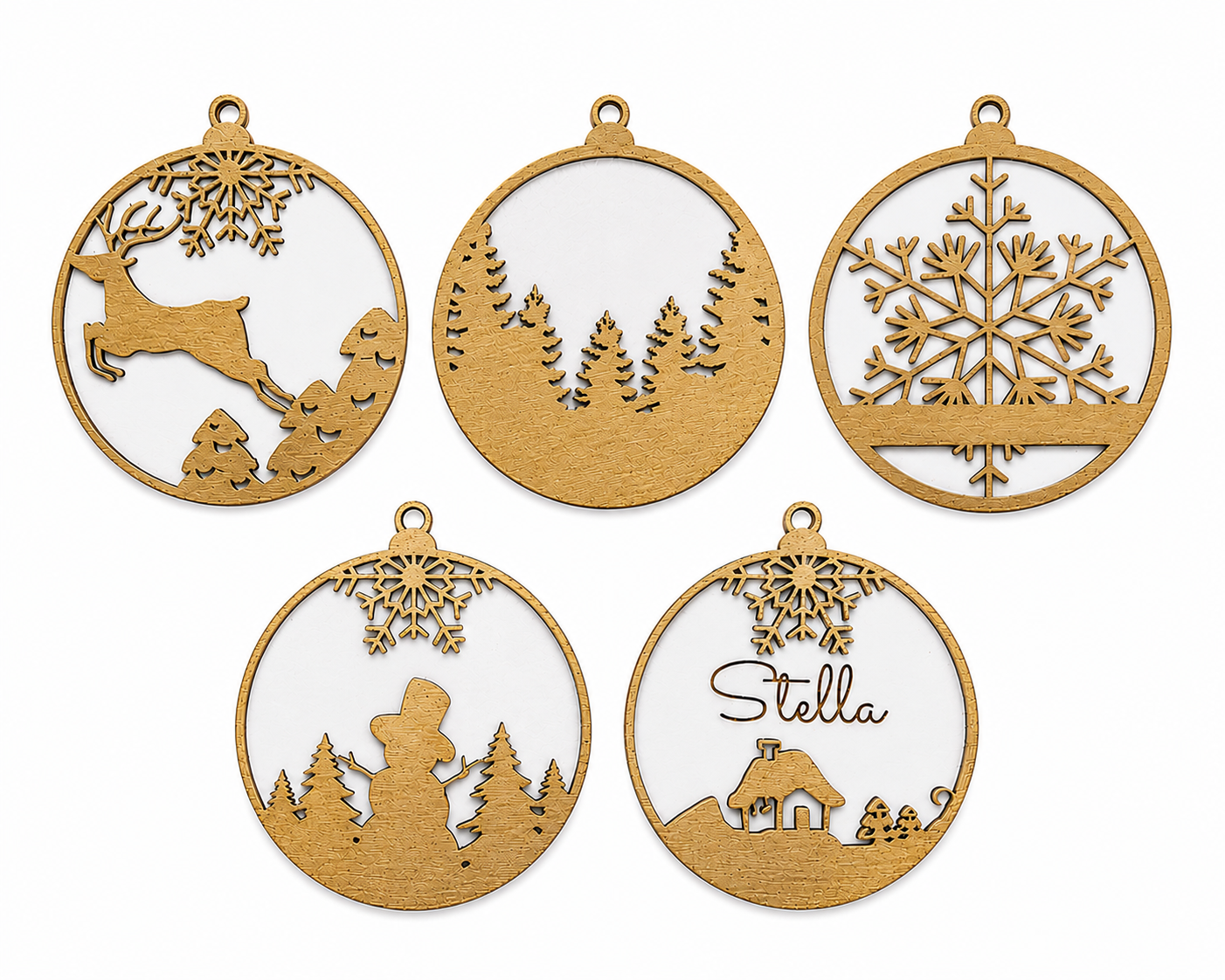 Set of five laser-cut wooden Christmas ornaments featuring reindeer, snowflake, winter forest, snowman, and cabin designs.