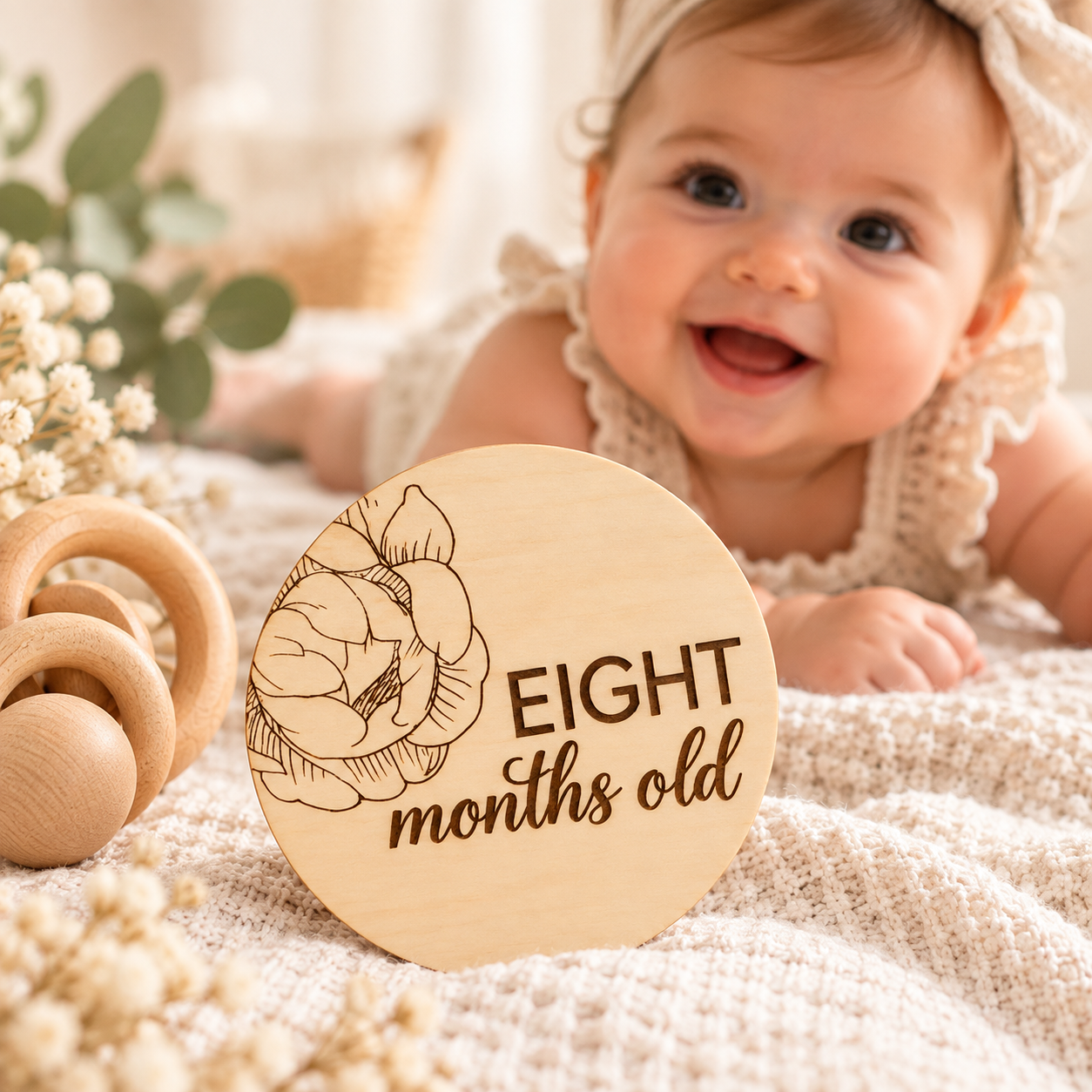 Baby holding engraved baby milestone wooden disc for monthly milestone photo
