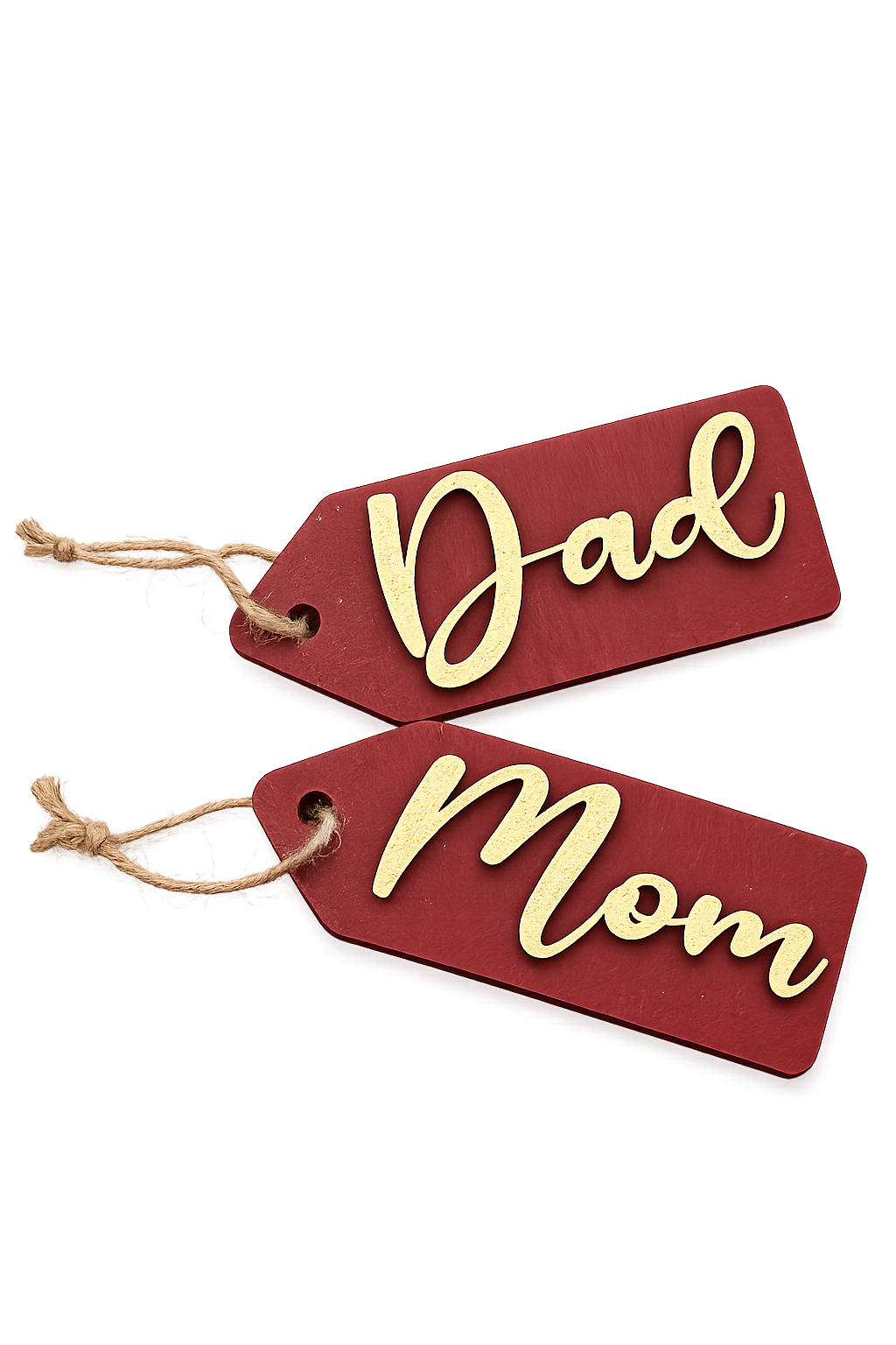 Personalized wooden Mom and Dad Christmas gift tags with layered lettering and rustic twine.
